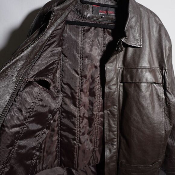 VTG Phase Two Brown‎ Leather Jacket Pockets Removable Lining Retro Mens M Zip - Picture 3 of 11
